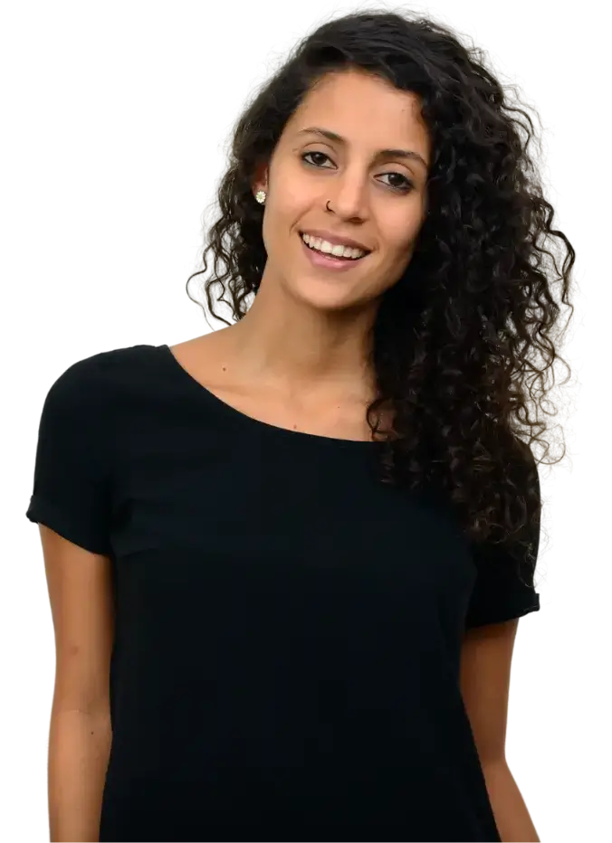 a smiling woman in a black shirt